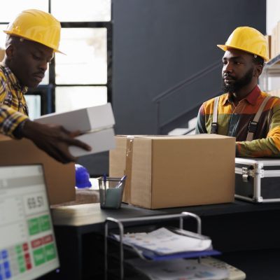 Warehouse employees putting boxes on desk ready for shipment